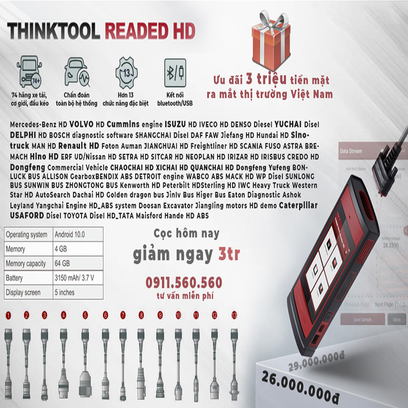 Thiết bị chẩn đoán xe tải Thinktool Reader HD Full Cable (Phần mềm 1 năm)